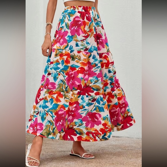Boho floral print elastic waist maxi skirt - Picture 1 of 6